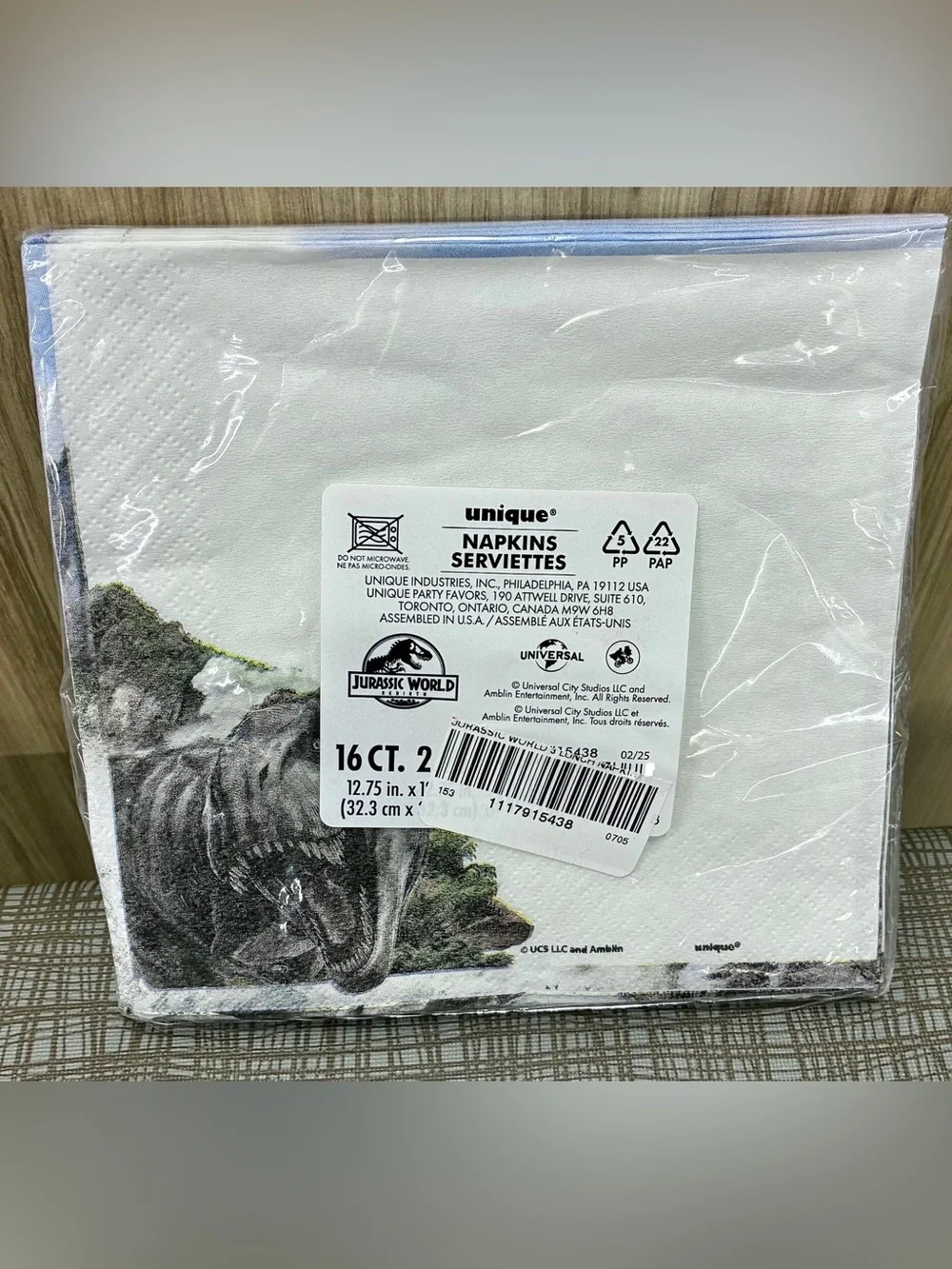 🍭$4🍭 NEW JURASSIC WORLD Paper Napkins 16ct White Gray Blue
